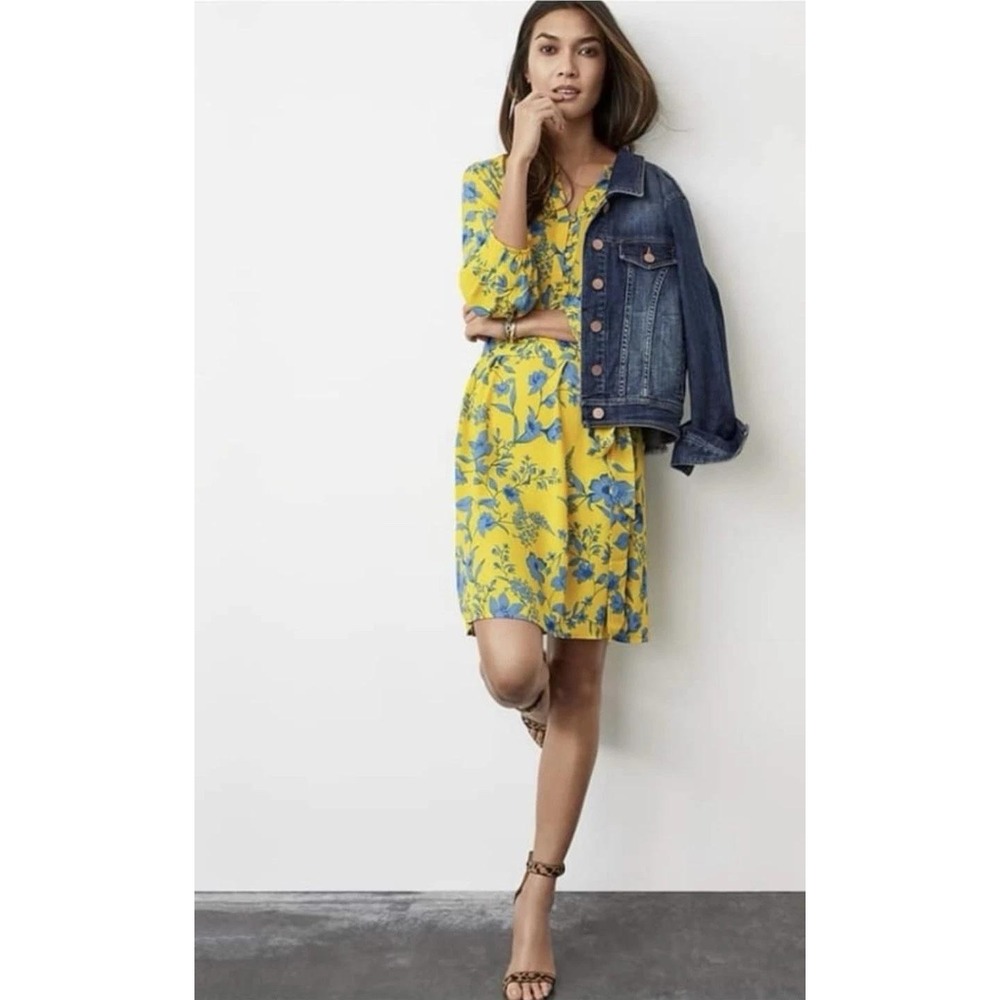 Cabi Lemon Drop Dress Floral Yellow Blue 3/4 Sleeves Medium NO BELT Shift Bright